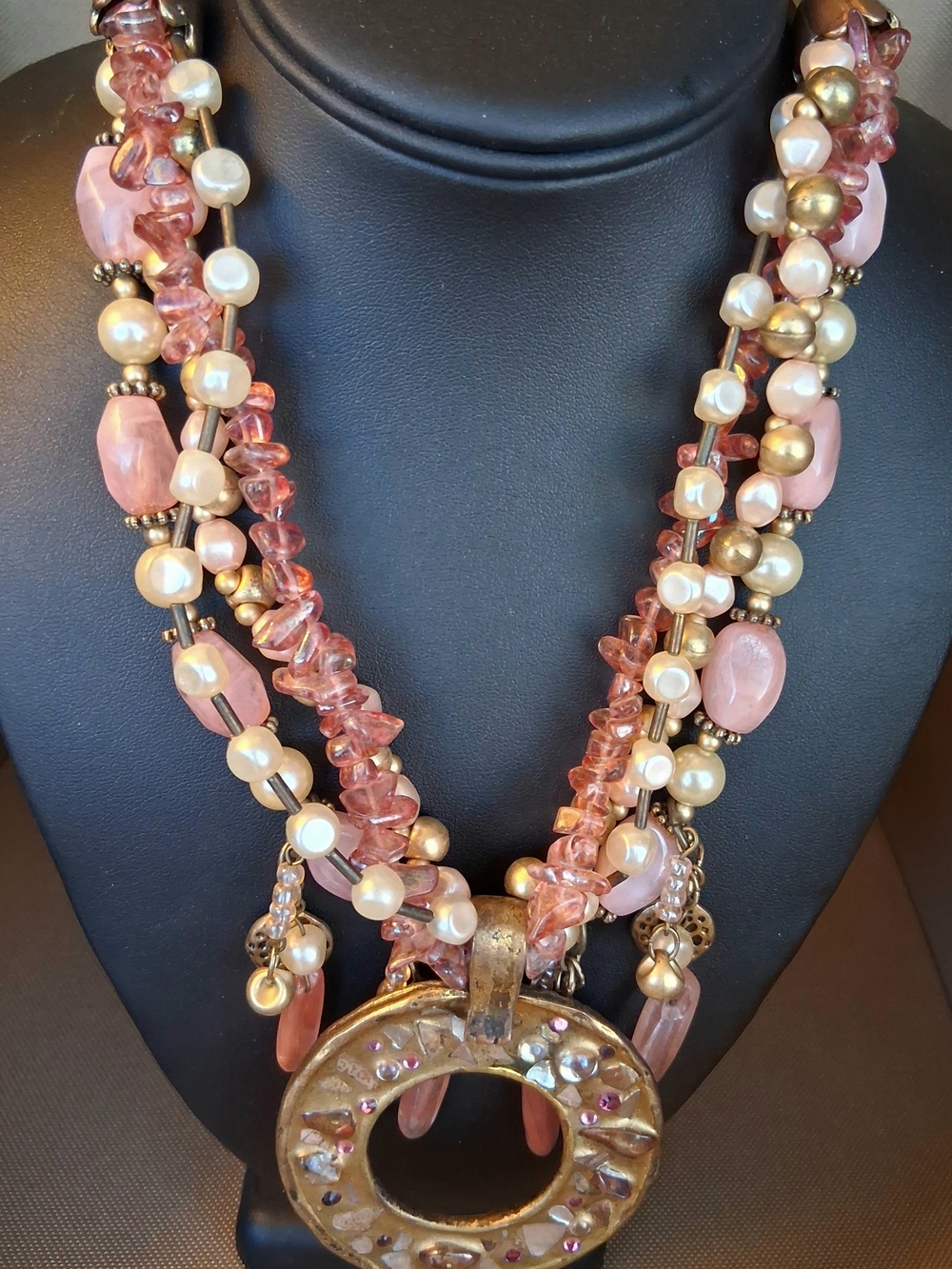 Multi-Strand Pink Pearl & Crystal Statement Necklace